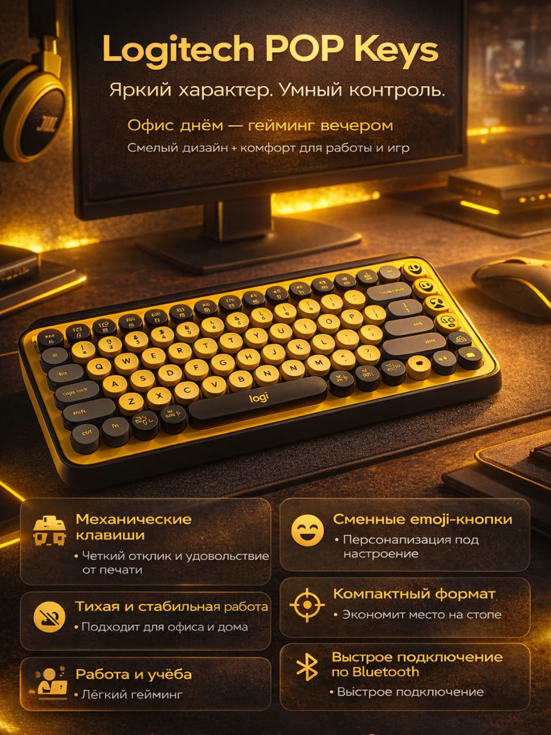 Механическая клавиатура Logitech POP Keys, Bluetooth - черный/желтый