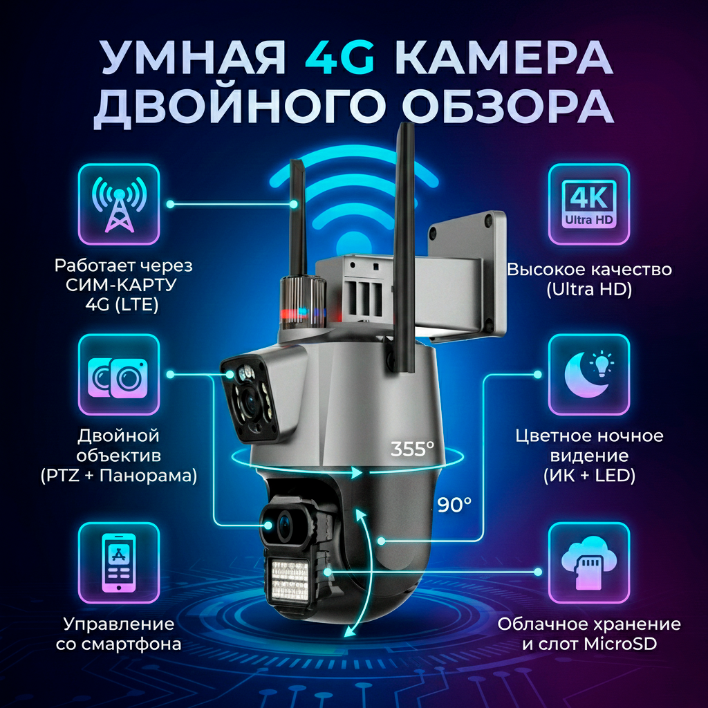 Умная 4G IP камера двойного обзора 4K, цветное ночное видение, детекция движения, облачное хранение