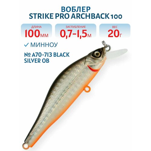 Воблер Минноу Strike Pro Archback 100, 100 мм, 20 гр, Заглубление 0,7м.-1,5м, Нейтральный, цвет A70-713 Black Silver OB