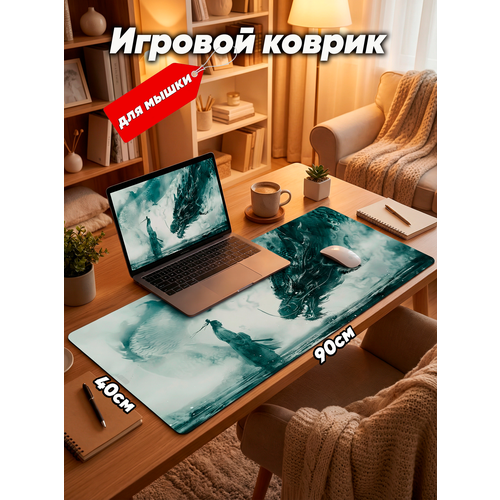 Большой игровой коврик для мышки с принтом, 90х40 см, Дракон и самурай. Компьютерный ковер под клавиатуру и мышь на весь стол