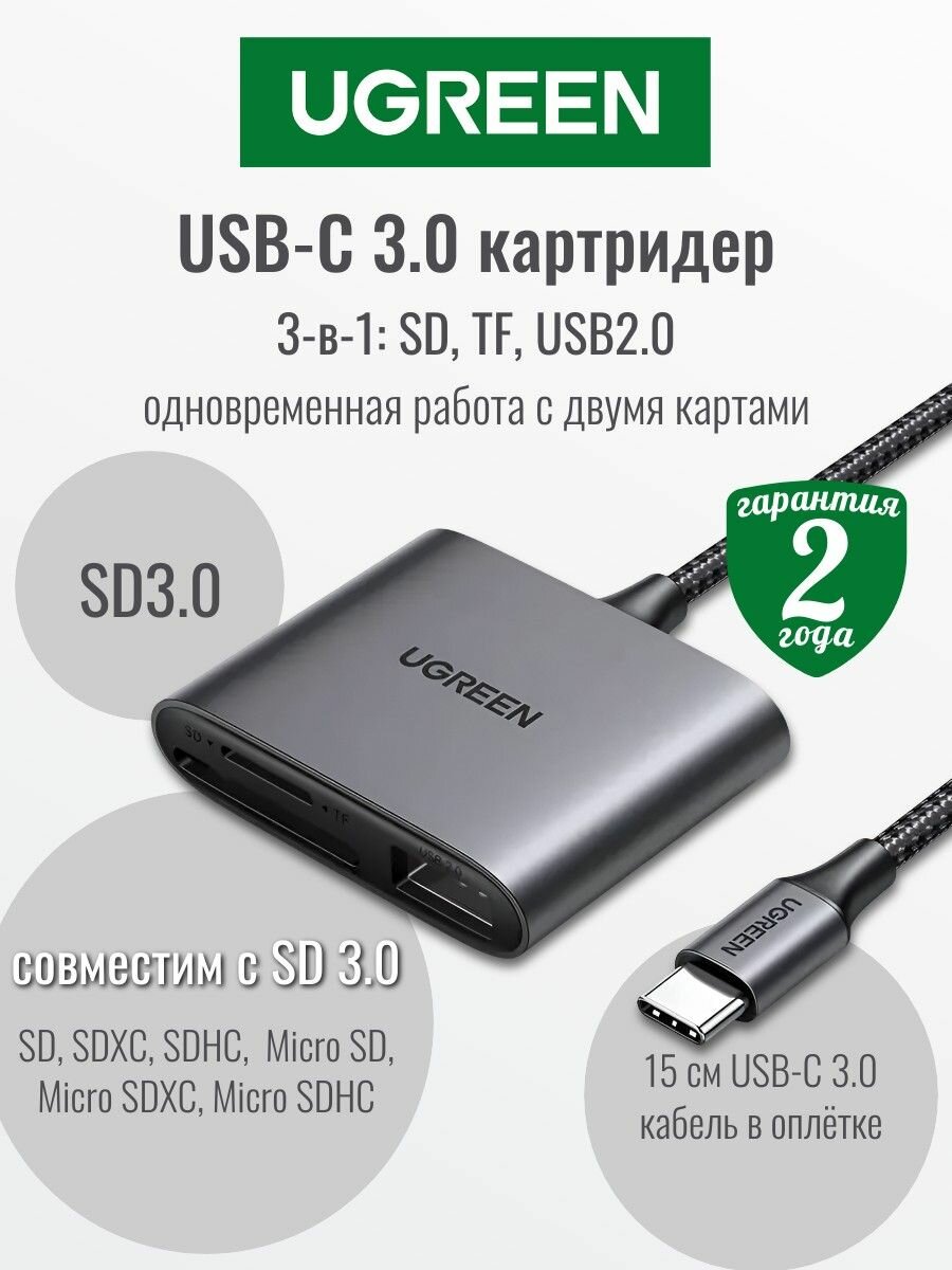 18Картридер UGREEN CM387 (80798) USB-C to SD/TF + USB 2.0; Space Gray