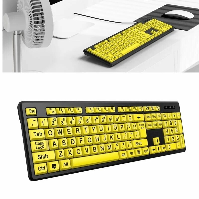 Проводная USB-клавиатура желтого цвета с большими символами