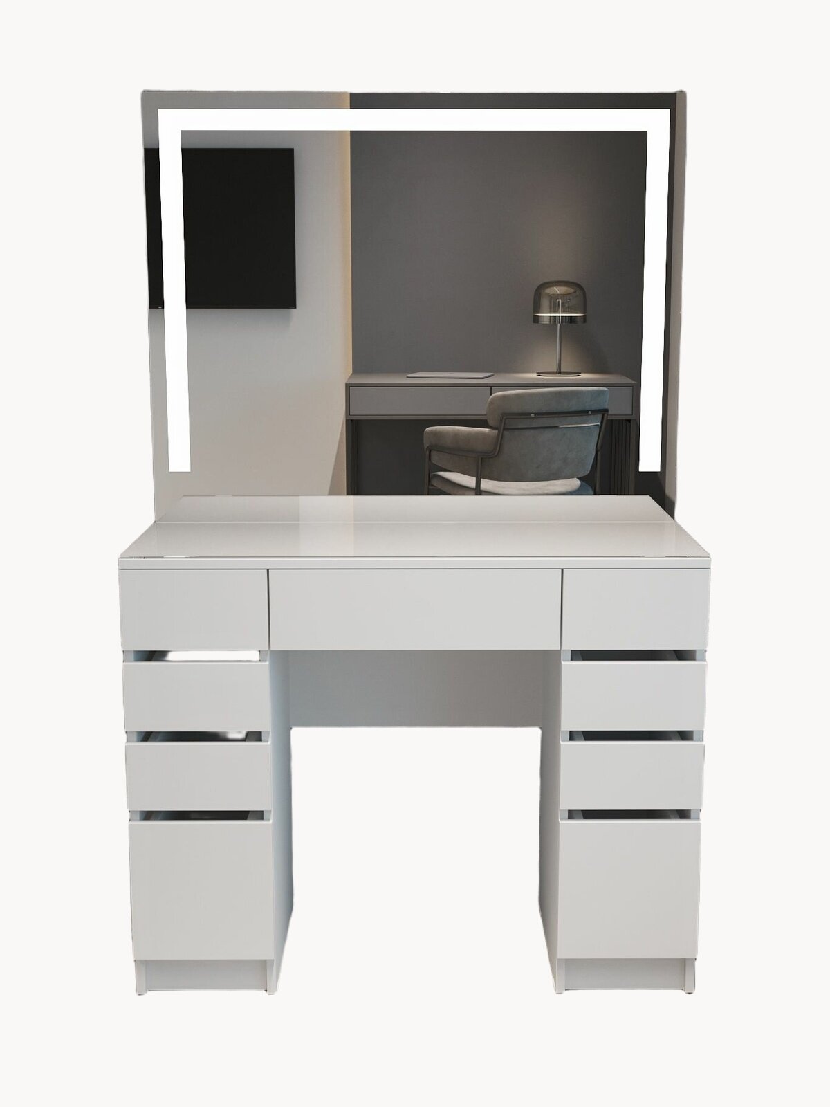 Туалетный столик с зеркалом и LED подсветкой, гримерный стол с 9 ящиками без ручек