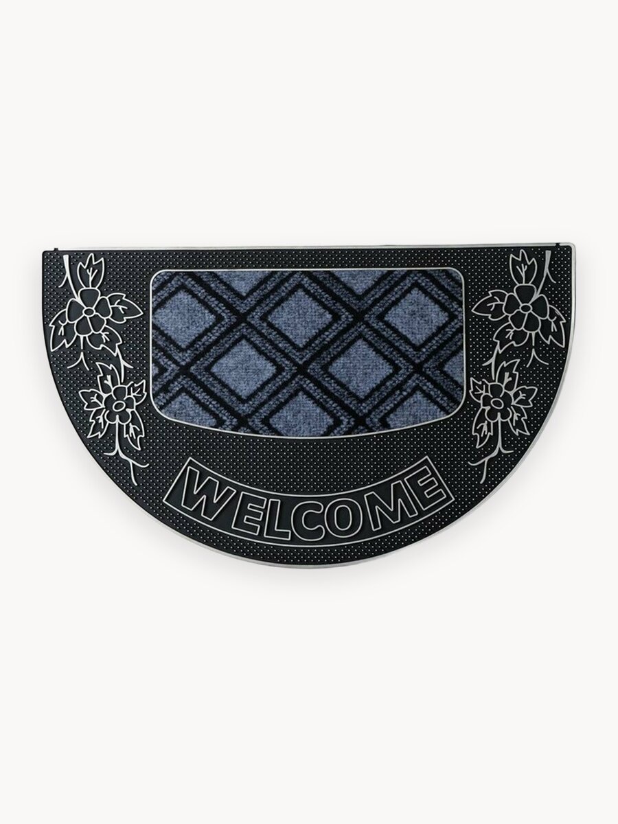 Коврик придверный полукруглый Доляна «Welcome цветы», 45×75 см, цвет серебряный
