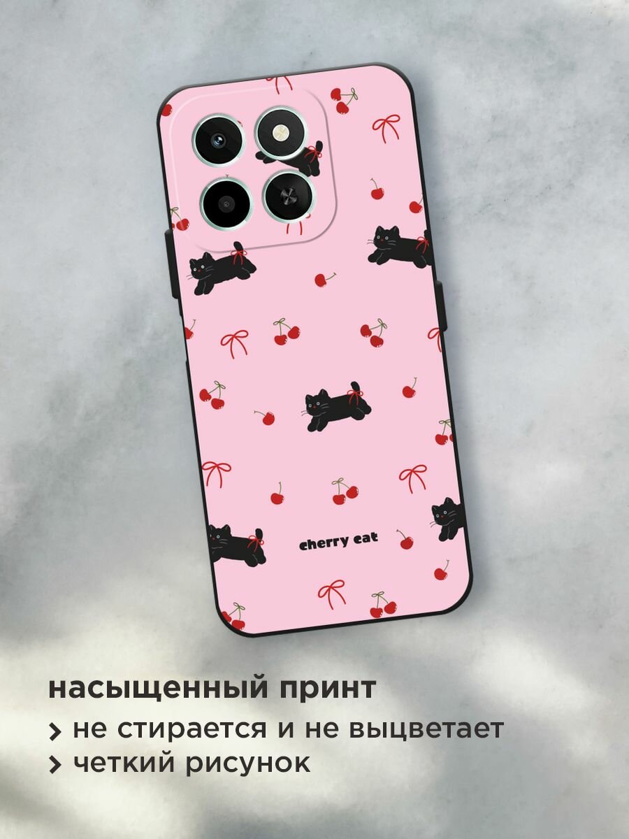 Черный матовый чехол на Honor X6c / Хонор X6c с принтом "Cherry cat" — фото 1