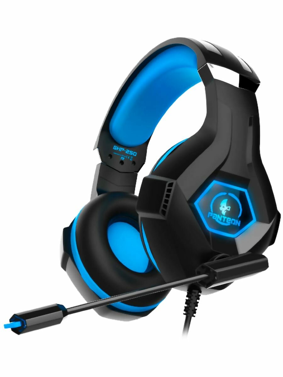 Наушники проводные игровые PANTEON GHP-250 Black/Blue, Всенаправленный микрофон, Многоцветная подсветка, Черный/Синий