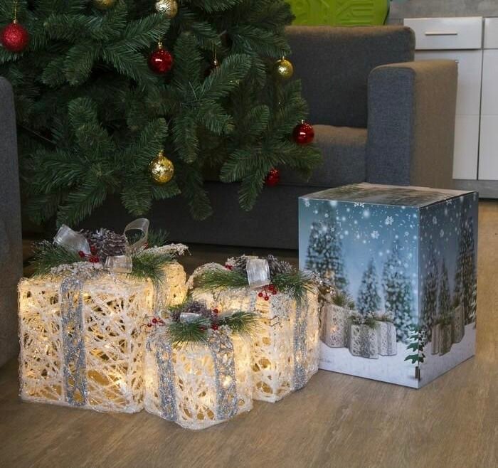 Подарки с бантами LED-светильник белые 3 шт. 30х25 25х20 20х15 см