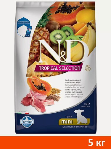 Изображение товара Корм сухой Farmina Dog N&D Tropical Selection Puppy Mini Lamb низкозерновой для щенков маленьких пород, ягненок, спельта, овес, тропические фрукты, 5 кг