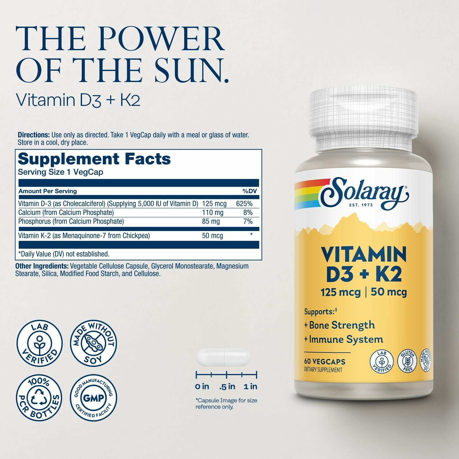 Витамины Solaray "Vitamin D3+K2", 5000МЕ, без вкуса, 60 вегетарианских капсул — фото 1