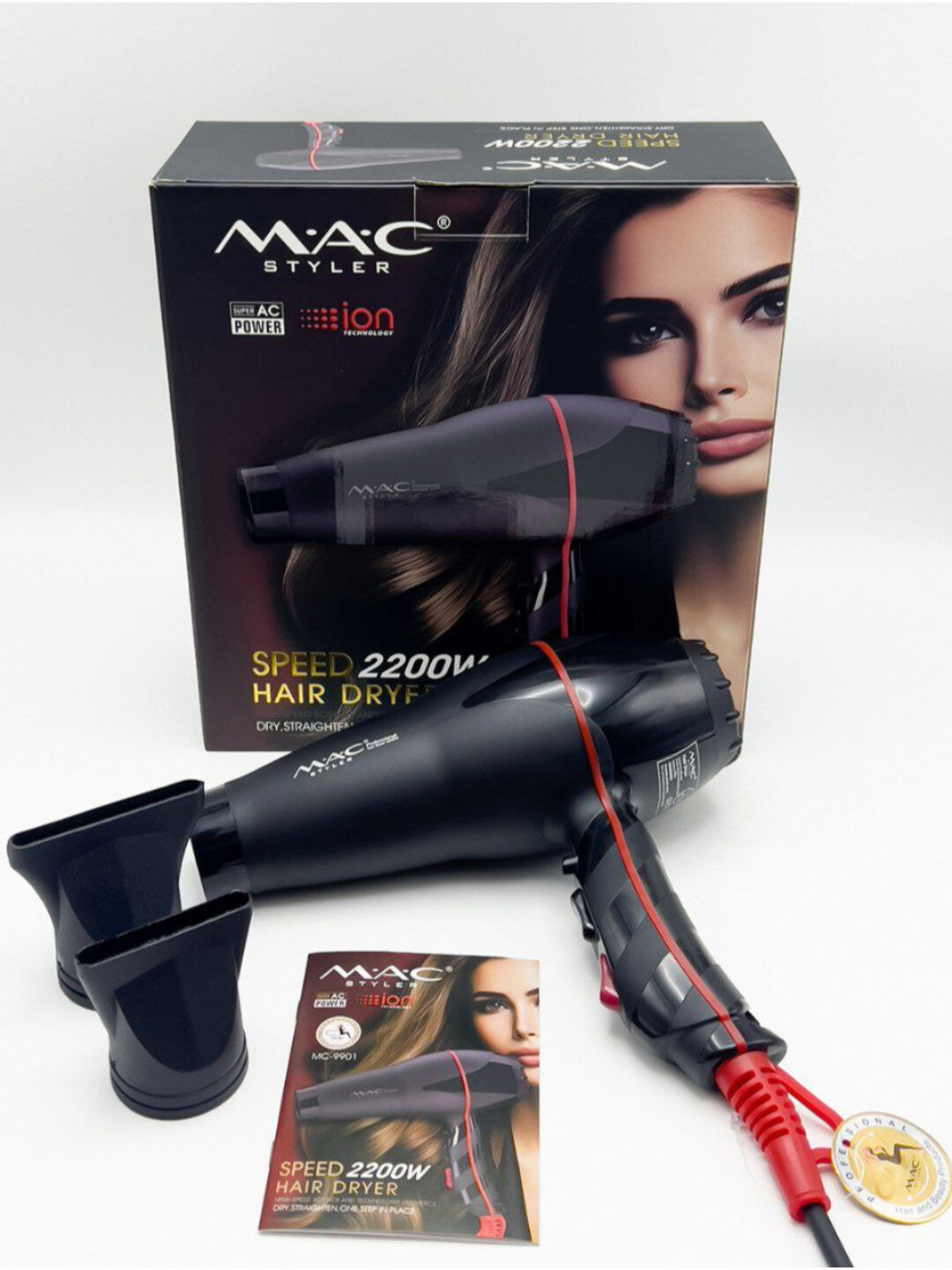 Фен M.A.C Styler MC-9902, профессиональный, 2200Вт, 3 режима, ионизация, 2 насадки