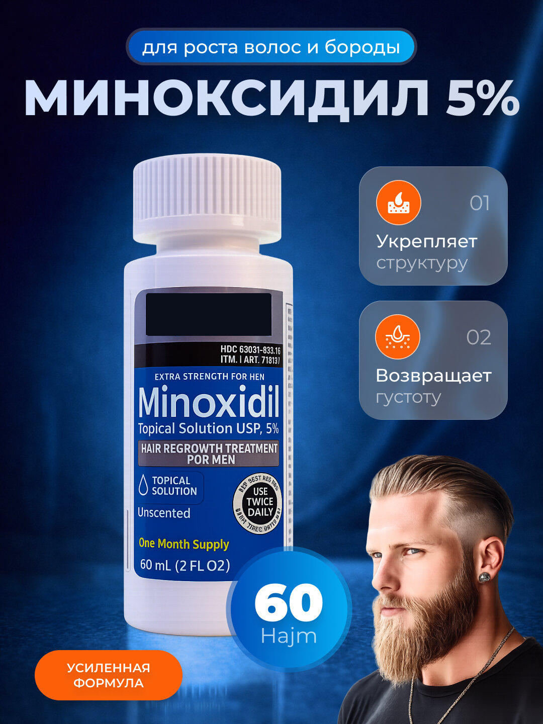 Миноксидил для роста волос и бороды Minoxidil 5%, 60 мл