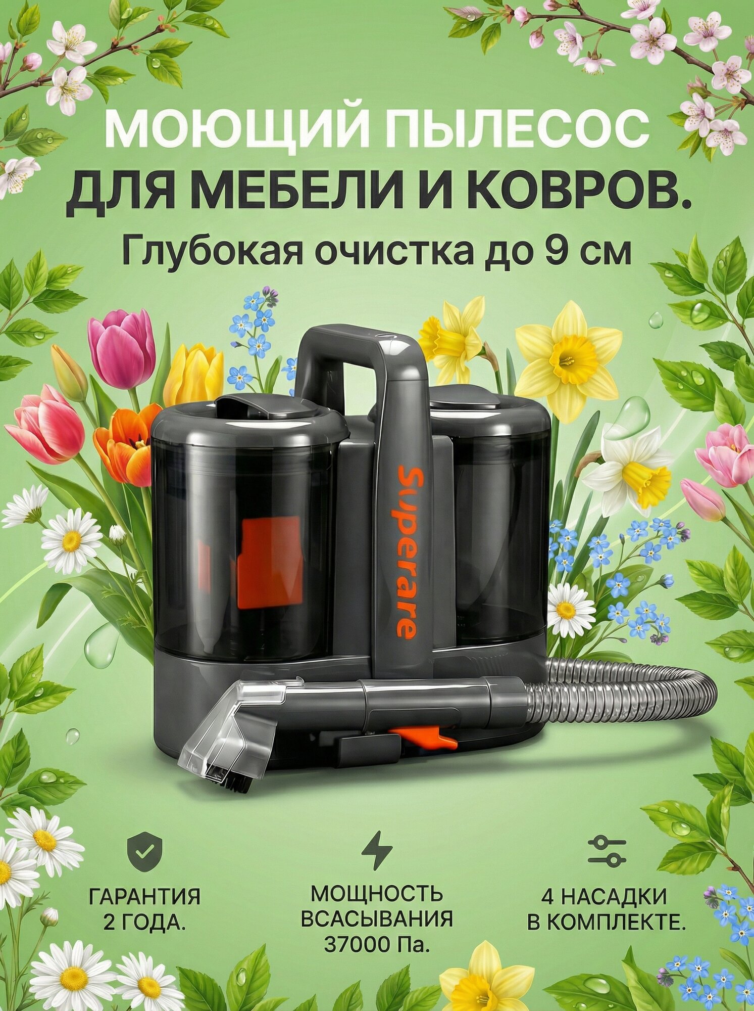 Моющий пылесос Superare для химчистки мебели и ковров, 600 Вт, 37000 Па