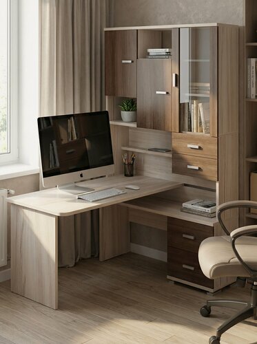 Изображение товара Стол компьютерный Мэрдэс СР-620/140 кшк-прав Карамель/Шамони/Карамель, с полками, с ящиками, угловой, 130х140х216 см