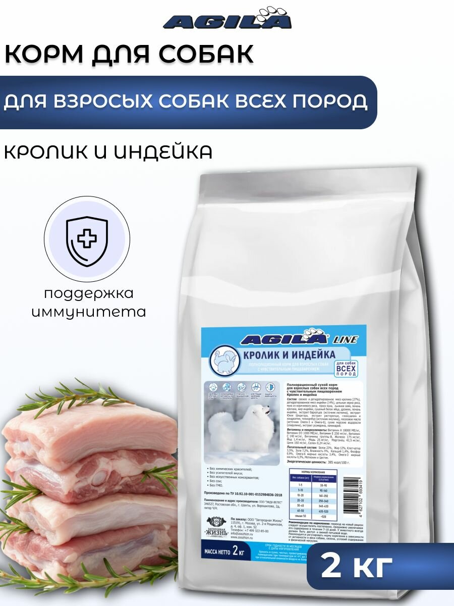 AGILA LINE Кролик и Индейка, сухой корм для взрослых собак всех пород, 2кг