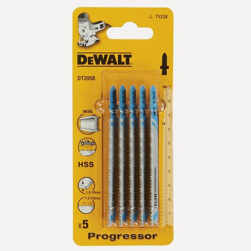 Изображение товара Пилка для лобзика DEWALT DT2058, по металлу HSS 100 x 74 x 1.2-2.6 x 10 мм, T123X, 5 шт. (DT2058-QZ)
