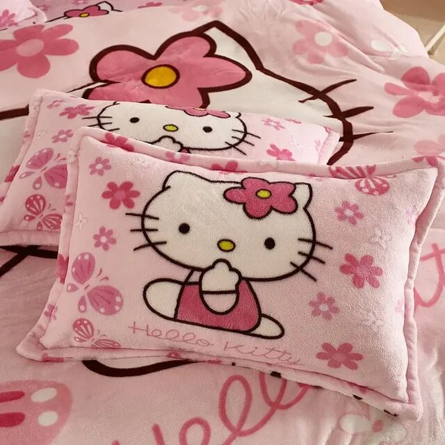 Комплект из двух плюшевых наволочек с изображениями Hello Kitty и персонажей мультфильмов Sanrio, зимние флисовые наволочки, постельное белье для дома. Размер: 1 подушка