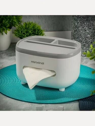 Изображение товара Салфетница пластиковая настольная для дома, серо-белая, 21х16х13.5 см, стильный аксессуар для кухни и столовой, Y4-7237