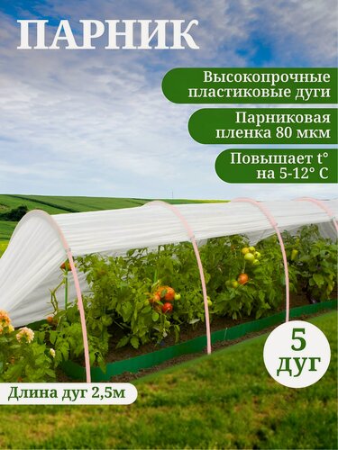 Изображение товара Парник садовый 4м с пластиковыми дугами, пленкой 80 мкм, арочная теплица для рассады томатов, перцев, размер 1х4х0.7м.