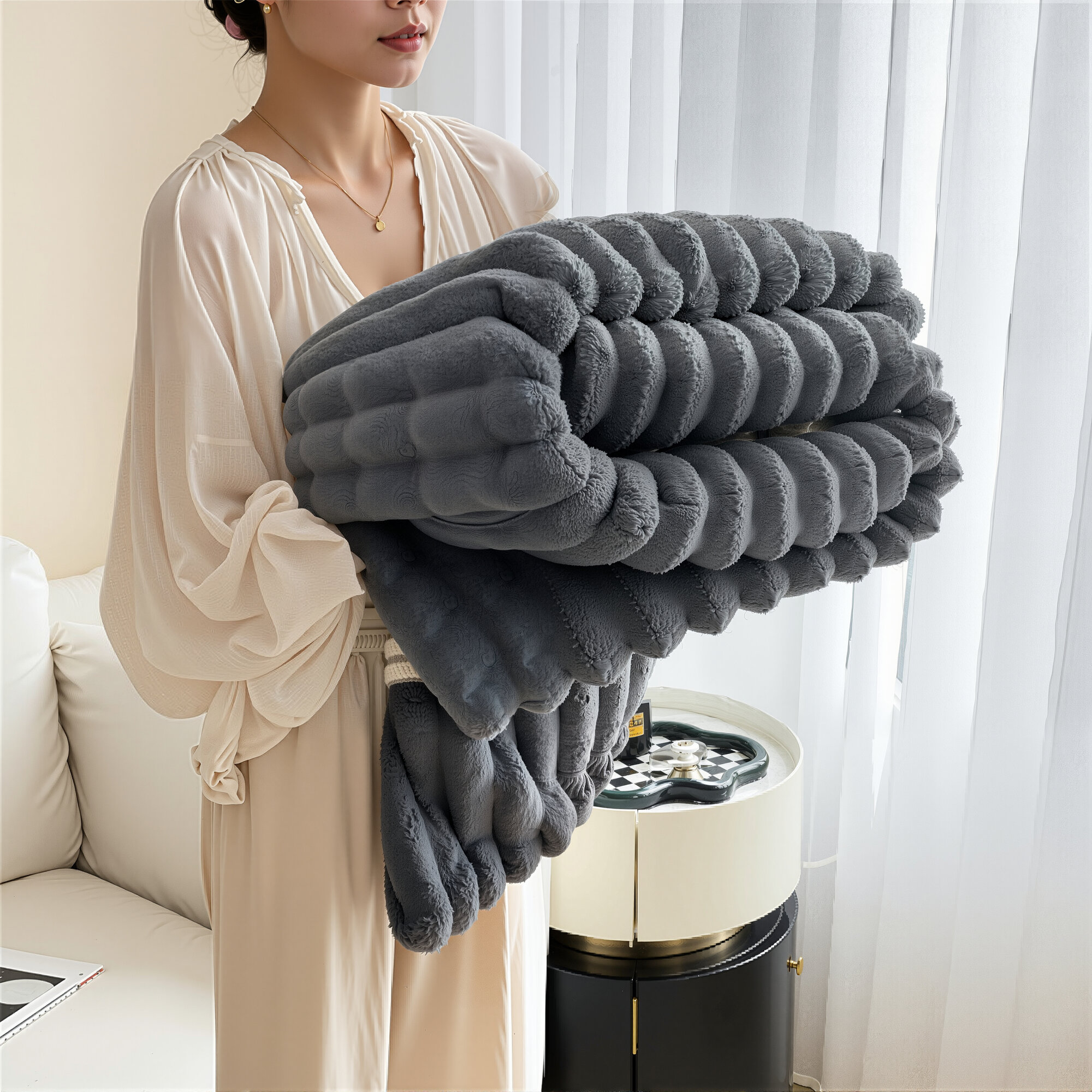 Плед-покрывало, 200x230см, плюш, темно-серый, велюр искусственный