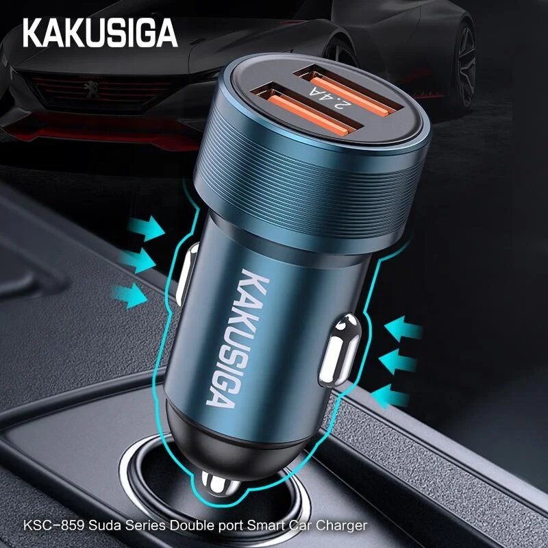 Автомобильное зарядное устройство KAKUSIGA KSC-859, синий, 2xUSB, 2х12В, быстрый