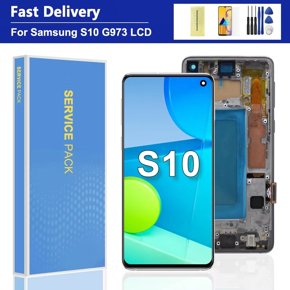 Протестированный ЖК-дисплей S10 с рамкой для SAMSUNG S10 G973 G973F/DS, замена дигитайзера сенсорного экрана в сборе, Black With Frame