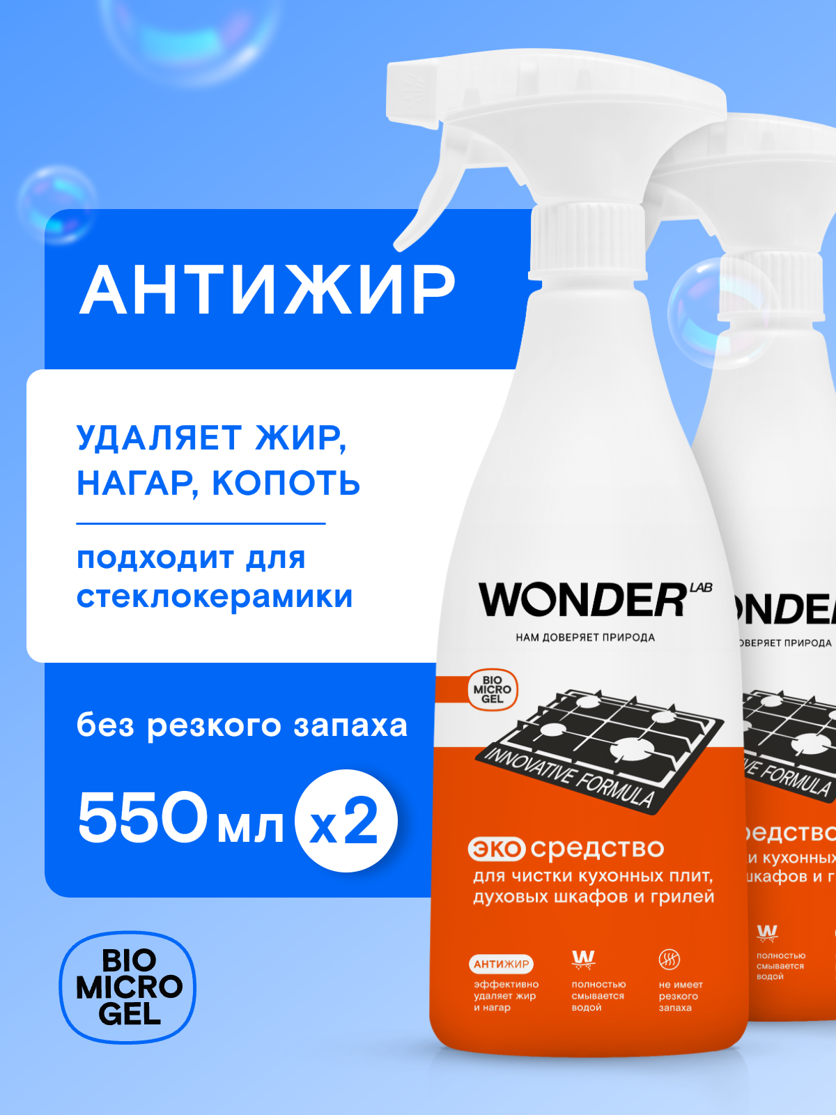 Набор Антижир для кухни без резкого запаха, WONDER LAB, от жира и нагара, против стойкой грязи, чистящее средство для плиты, духовки и гриля, без запаха, 2 х 550 мл