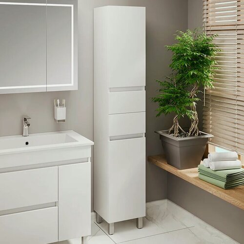 Изображение товара Шкаф-пенал для ванной Emmy Джерси 30 R 30 см, белый, глянцевый, с ящиком, с дверками, из МДФ