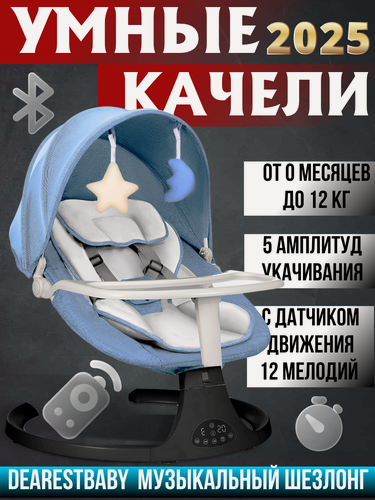 Изображение товара Электронные качели для новорожденных 3 в 1, детский шезлонг, с 0 мес до 12 кг, с игрушками, пульт ДУ, голубой, кокон