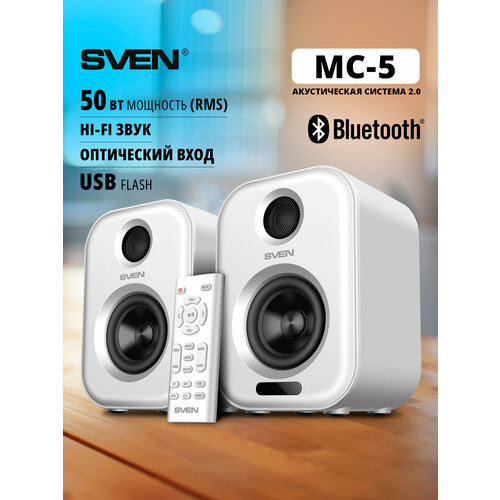 Проводные музыкальные Bluetooth колонки 20 SVEN MC-5 с пультом ДУ RCA оптический вход USB белые 50 Вт 11800₽