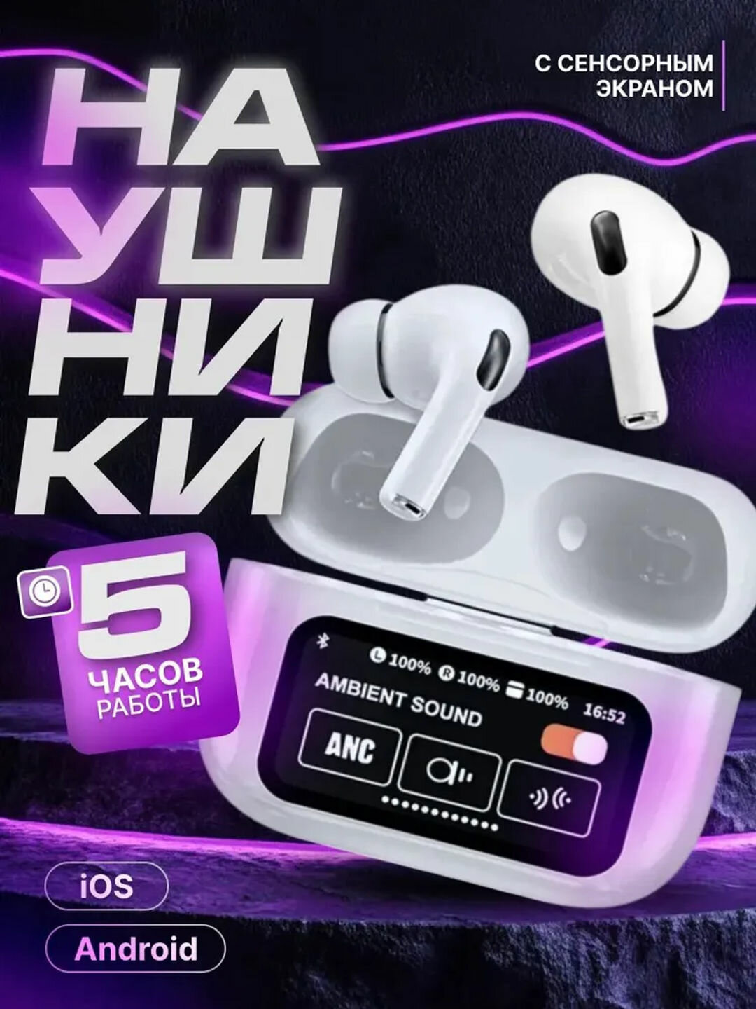 Наушники, беспроводные, c сенсорный дисплеем, AirPods Pro2 ANC/ENC с шумоподавлением и чистым звуком