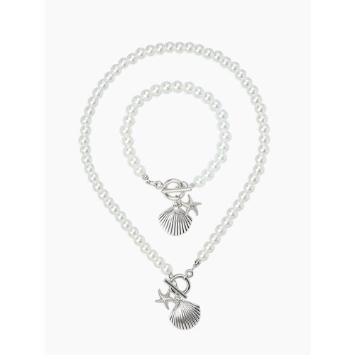 Комплект бижутерии Queen Fair браслет колье жемчуг имитация размер браслета 18 см размер кольецепочки 42 см белый 509₽