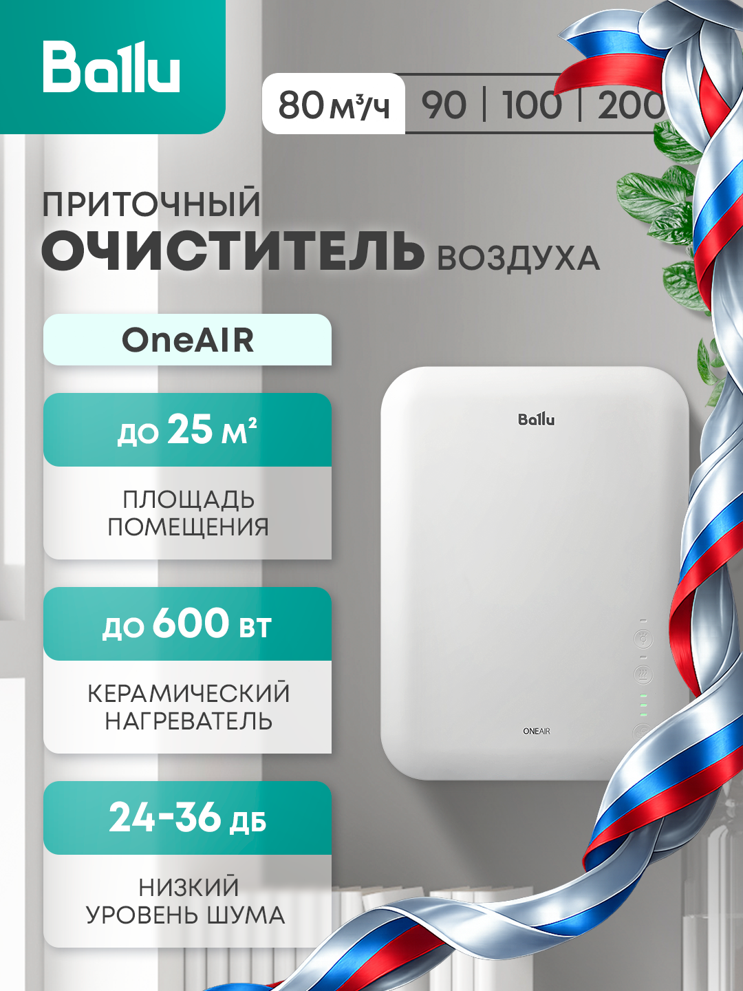 Очиститель воздуха Ballu ONEAIR ASP-80, 3 скорости, 80 м³/ч, HEPA H13, встраиваемый, белый