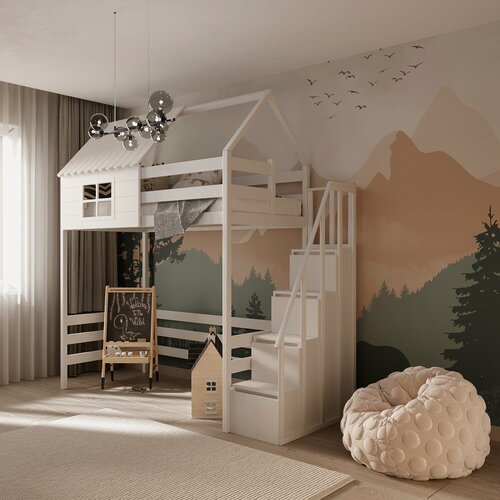 Изображение товара Кровать-чердак Домик с окном 160х90, лестница комод, высота под кроватью 150 см