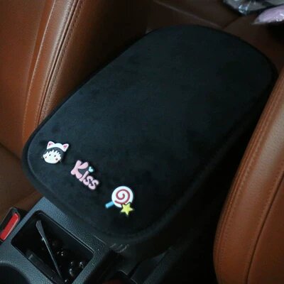 Little Bean Short Fleece Car Center Console Pad Black Cute Cartoon Design Universal