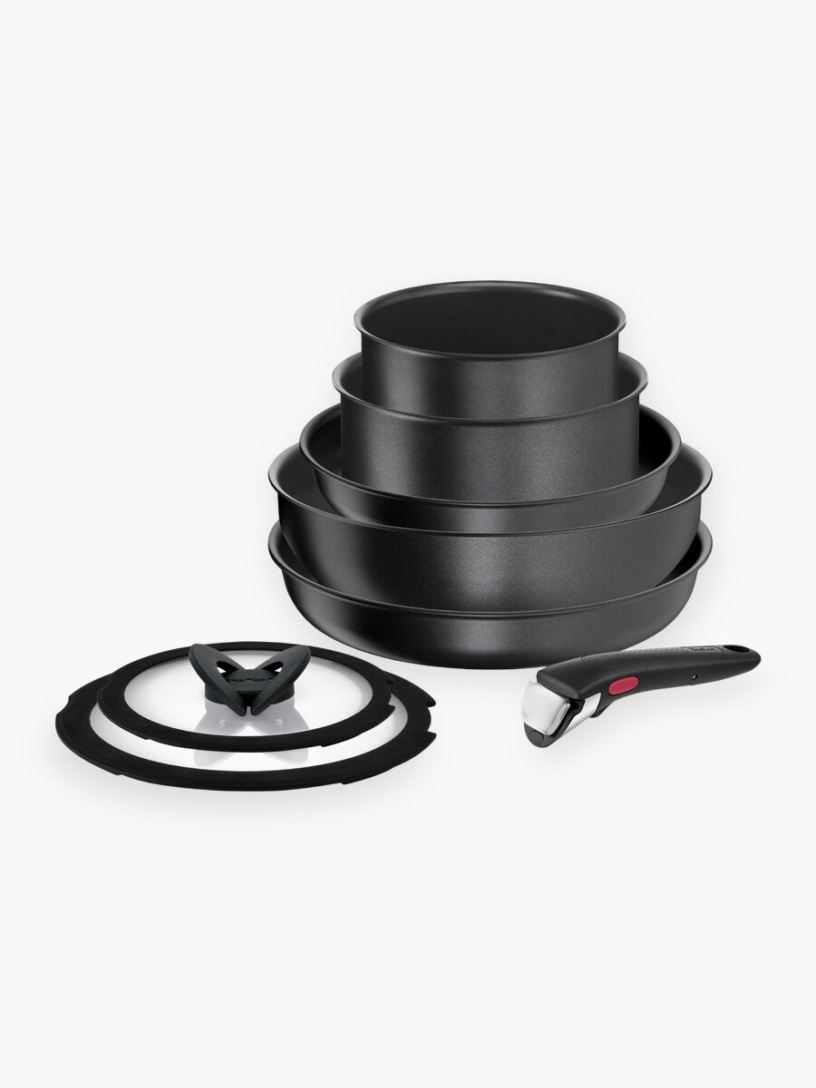Набор посуды для приготовления 8 предметов Tefal Ingenio Daily Chef Black: сковороды 22/26, вок 26, ковши 16/18 , крышки, съемная ручка, антипригарное покрытие, для индукционных плит