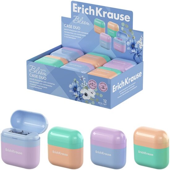Точилка Erich Krause "Case Duo Pastel Bloom" 2 отверстия с контейнером пластиковая ассорти 59989