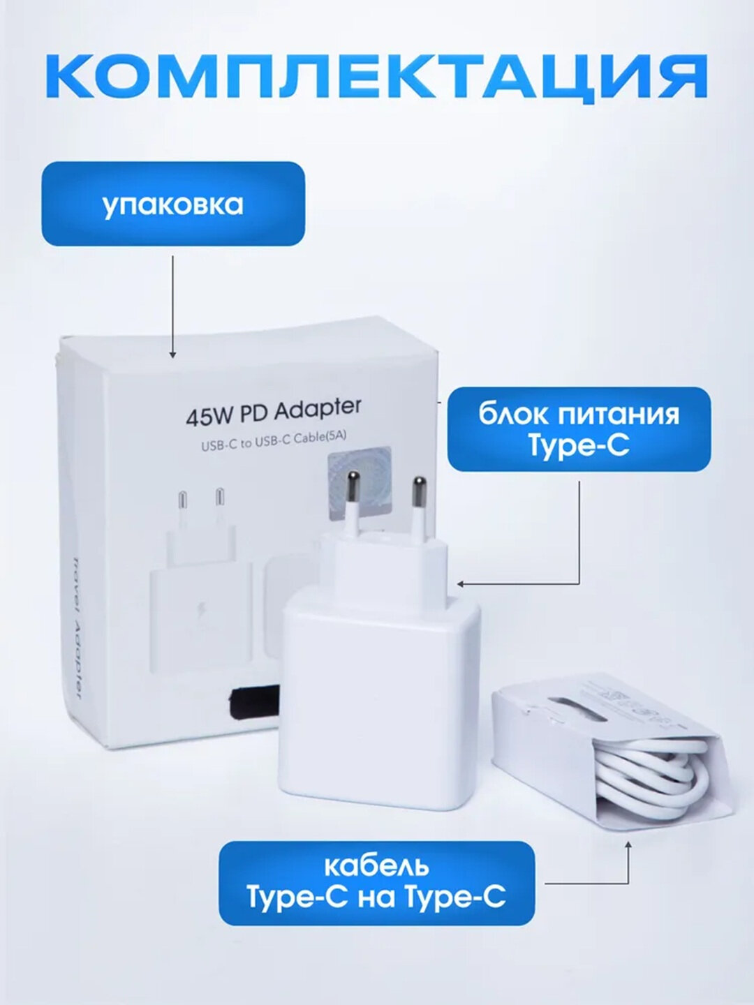Зарядное устройство Samsung 45W, блок питания + кабель Type-C to Type-C, быстрая зарядка — фото 1