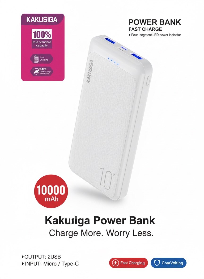 Внешний аккумулятор Kakusiga 10000 мАч с быстрой зарядкой | 2 USB-выхода белый