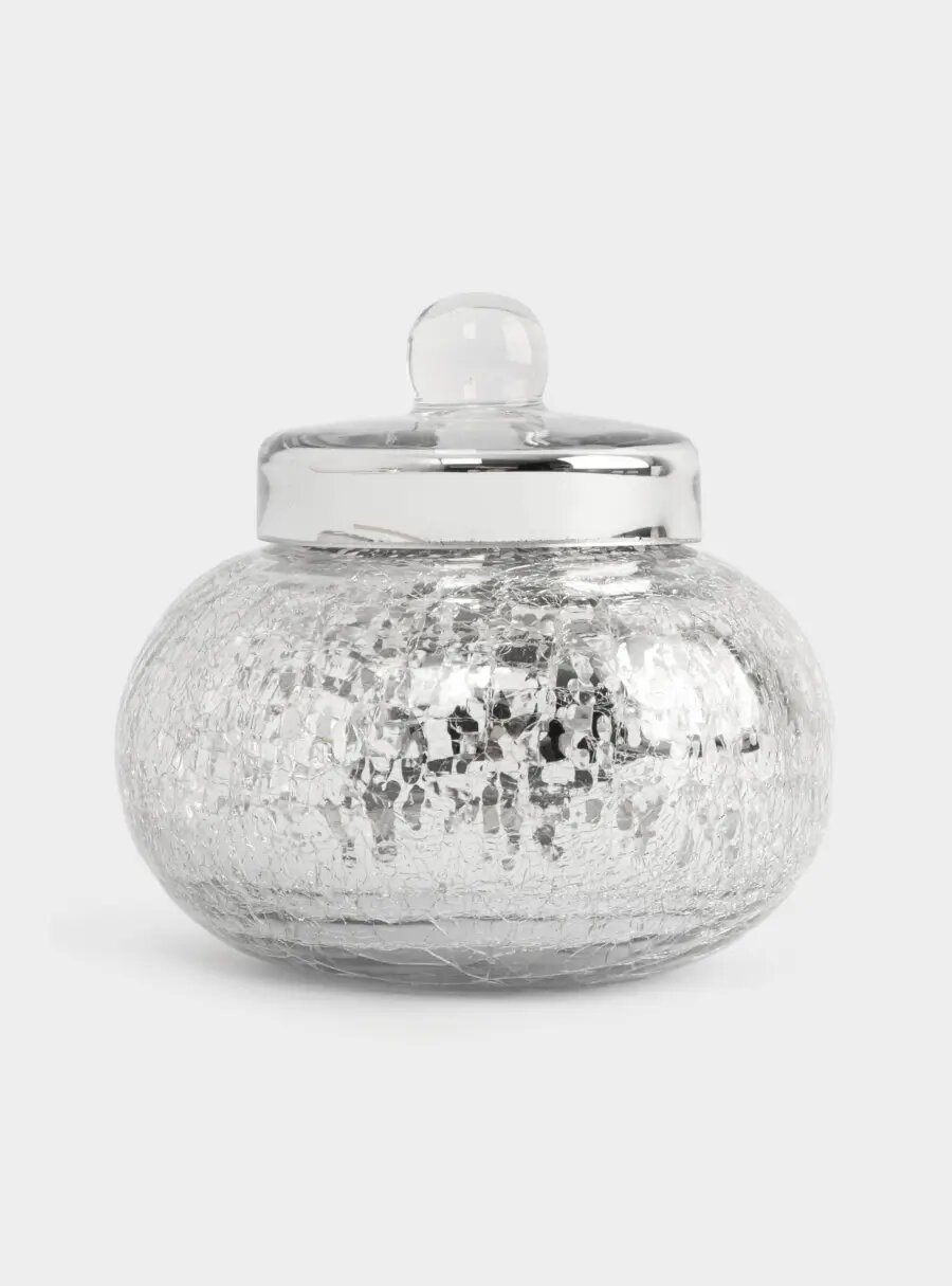 Конфетница, 16х15 см, с крышкой, стекло, серебристая, Кракелюр, Craquelure