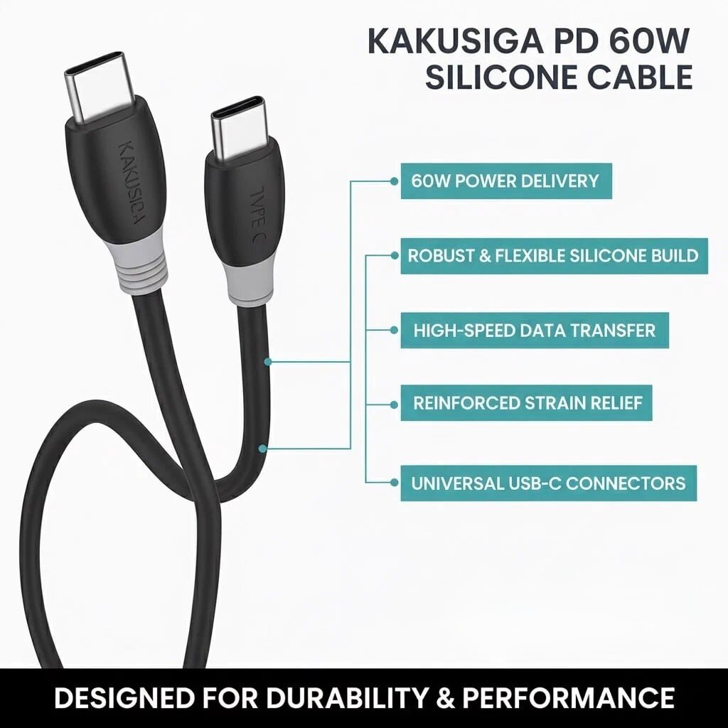Кабель Kakusiga Type-C, 60Вт, 1м, силиконовый, огнестойкий, черный