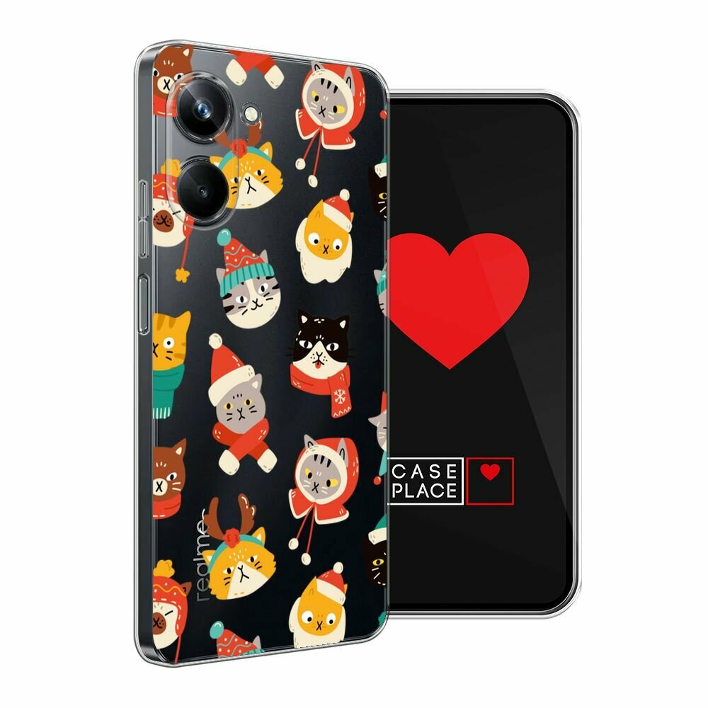 Чехол на Realme 10 Pro / Реалми 10 Про с принтом Праздничные котики, прозрачный — фото 1