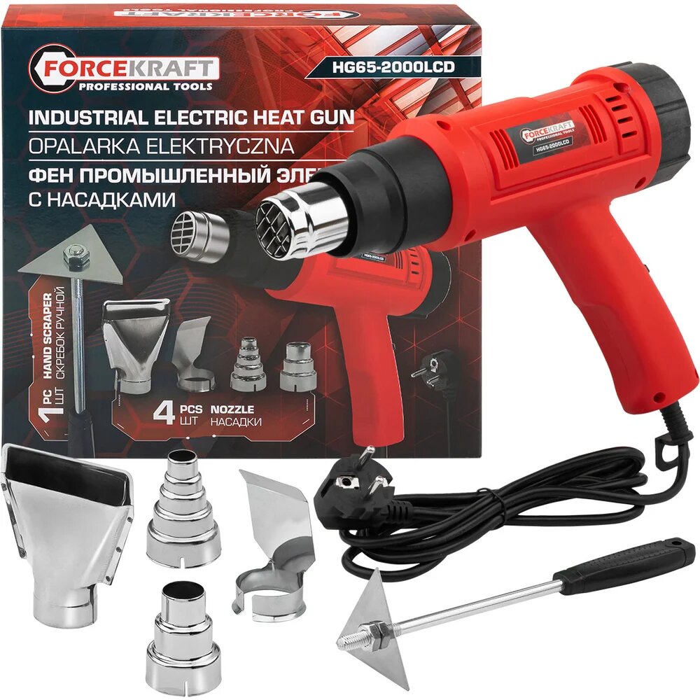 Forcekraft Фен промышленный электрический с насадками 2000Вт FK-HG65-2000LCD(65567)