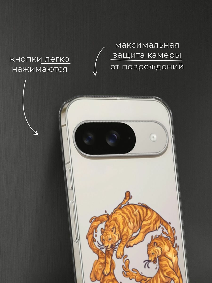 Чехол на Google Pixel 9 / Гугл Пиксель 9 с принтом "Играющиеся тигры 2", прозрачный — фото 1