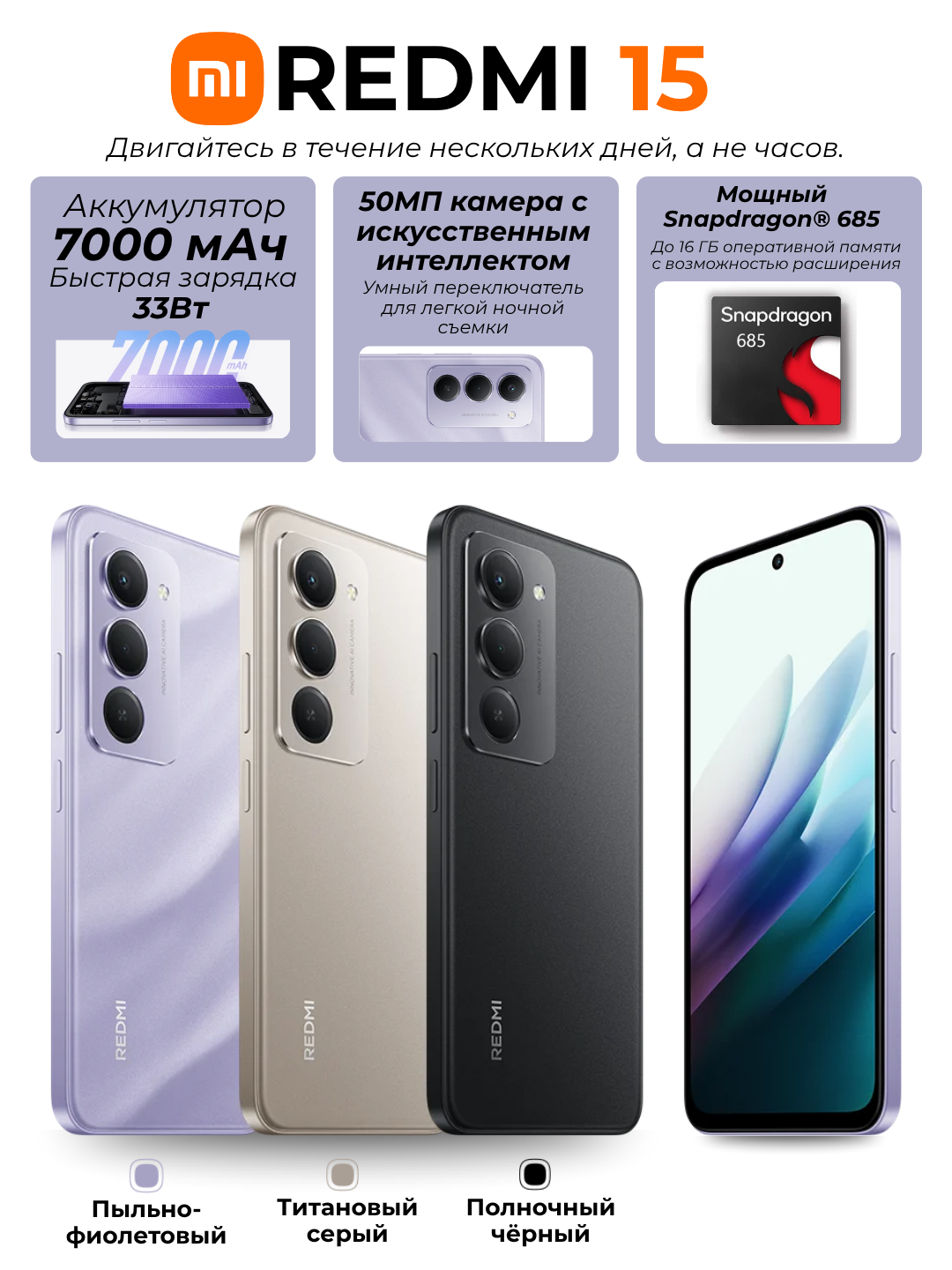 Смартфон Xiaomi Redmi, 15 6\128GB, 6.9', IPS LCD, аккумулятор 7000 мА/ч, Черный