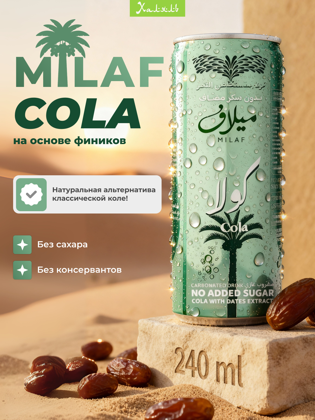 Milaf Cola 0.25 л, кола из фиников, без сахара, без консервантов, халяль напиток