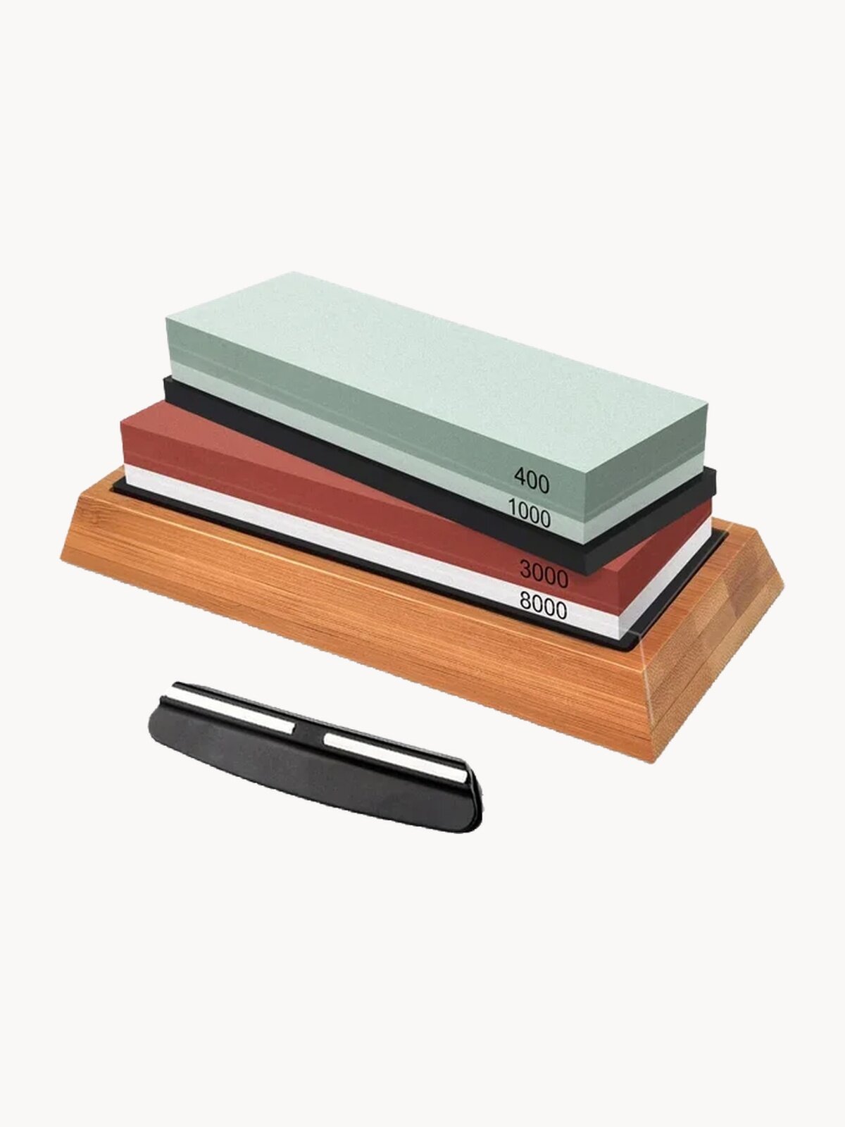 Точильный камень для ножей водный, набор: камни 400+1000, 3000+8000, силиконовая рамка, бамбуковая подставка, держатель