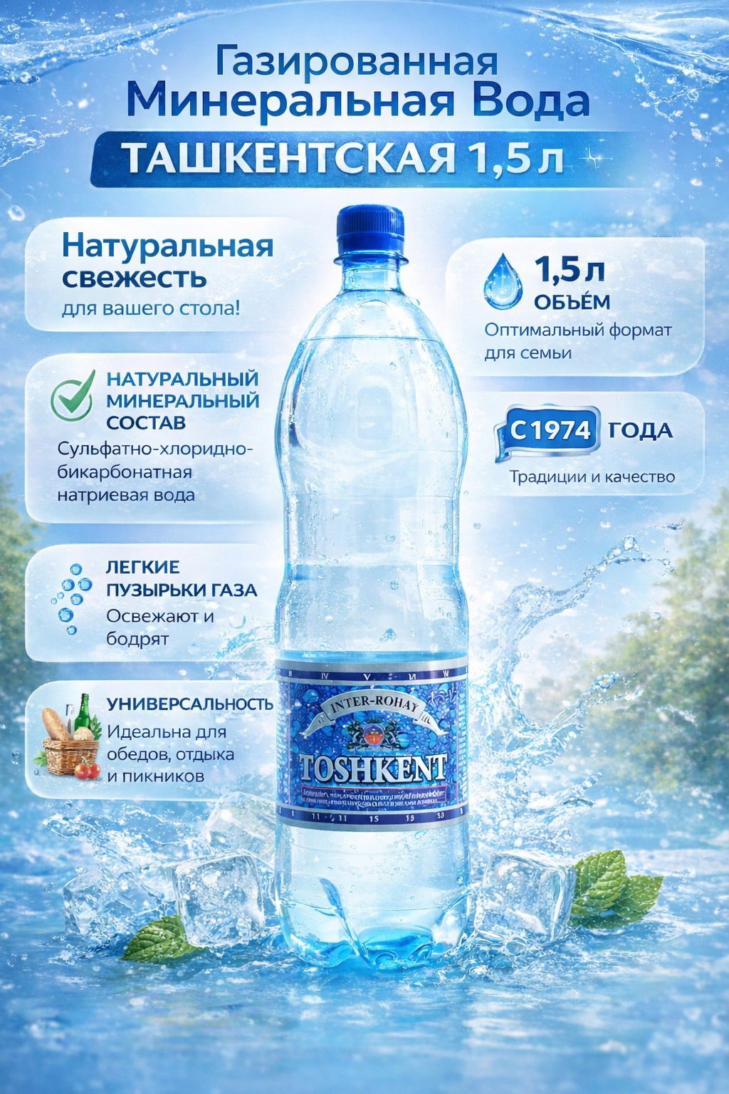 Ташкенская минералка. Газированная освежающая минеральная вода "Toshkent" 1.5 л. - 1штука