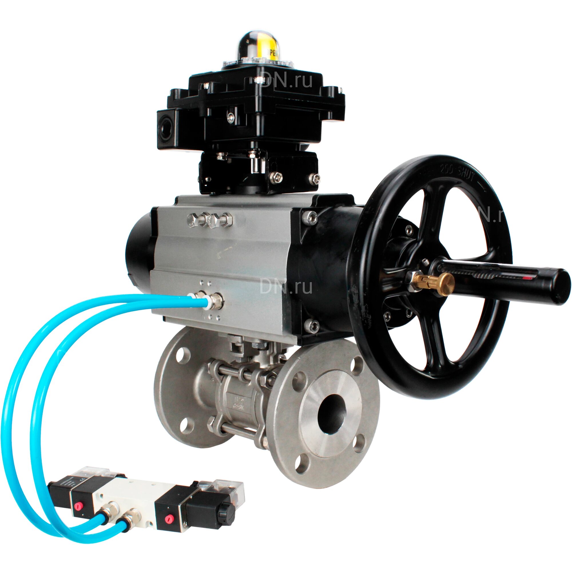Кран шаровой DN.ru кшфпт 316.180 Ду65 Ру25, трехсоставной полнопроходной фланцевый, нержавеющая сталь SS316, уплотнение - PTFE, с пневмоприводом DA-105-1 двойного действия, с пневмораспределителем PND1-S2EM-52-2-T10-220VAC, с БКВ LSB-410-02ExM12-250