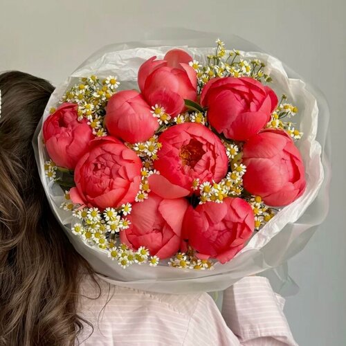 Изображение товара Букет из коралловых пионов 9 шт с ромашкой, красивый букет цветов, шикарный, премиум цветы, премиум букет