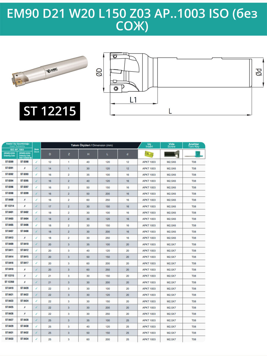 Концевая фреза корпусная 21 мм, 3 зуба, L 150 мм / EM90 D21 W20 L150 Z03 AP.1003 ISO (без СОЖ) — фото 1
